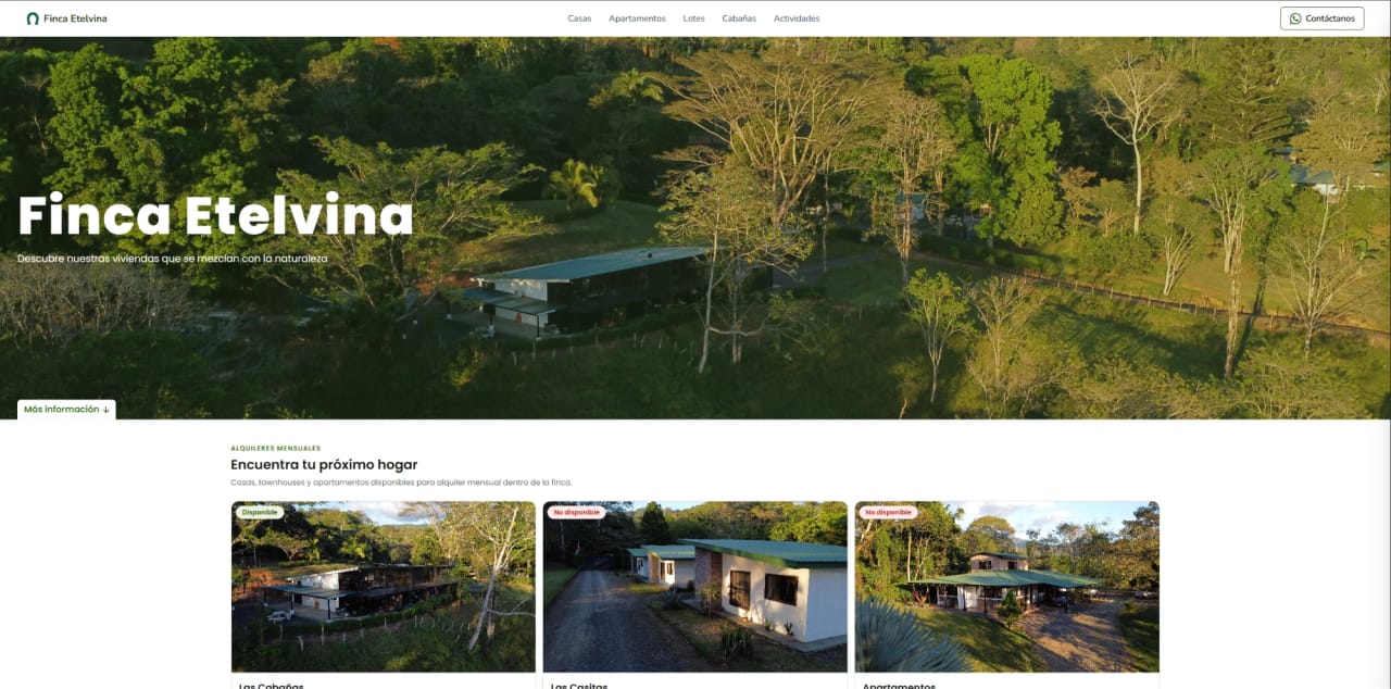 Página principal del sitio web de Finca Etelvina, con una vista aérea de la finca